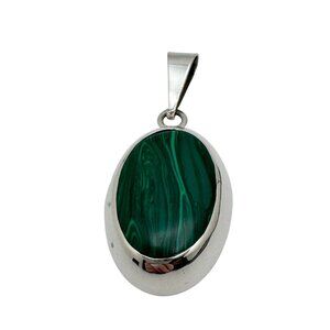 Taxco .925 Sterling Silver & Malachite Oval Pendant Vintage Gift